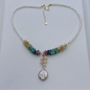 X808 Handmade Freshwater Baroque Pearl Rainbow Aventurine Necklace